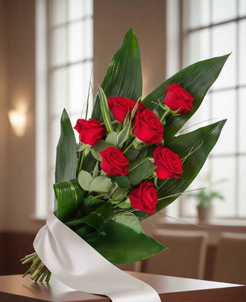 Ramo funerario de siete rosas rojas