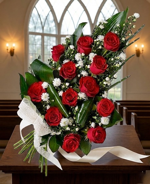 Ramo funerario de 12 rosas rojas